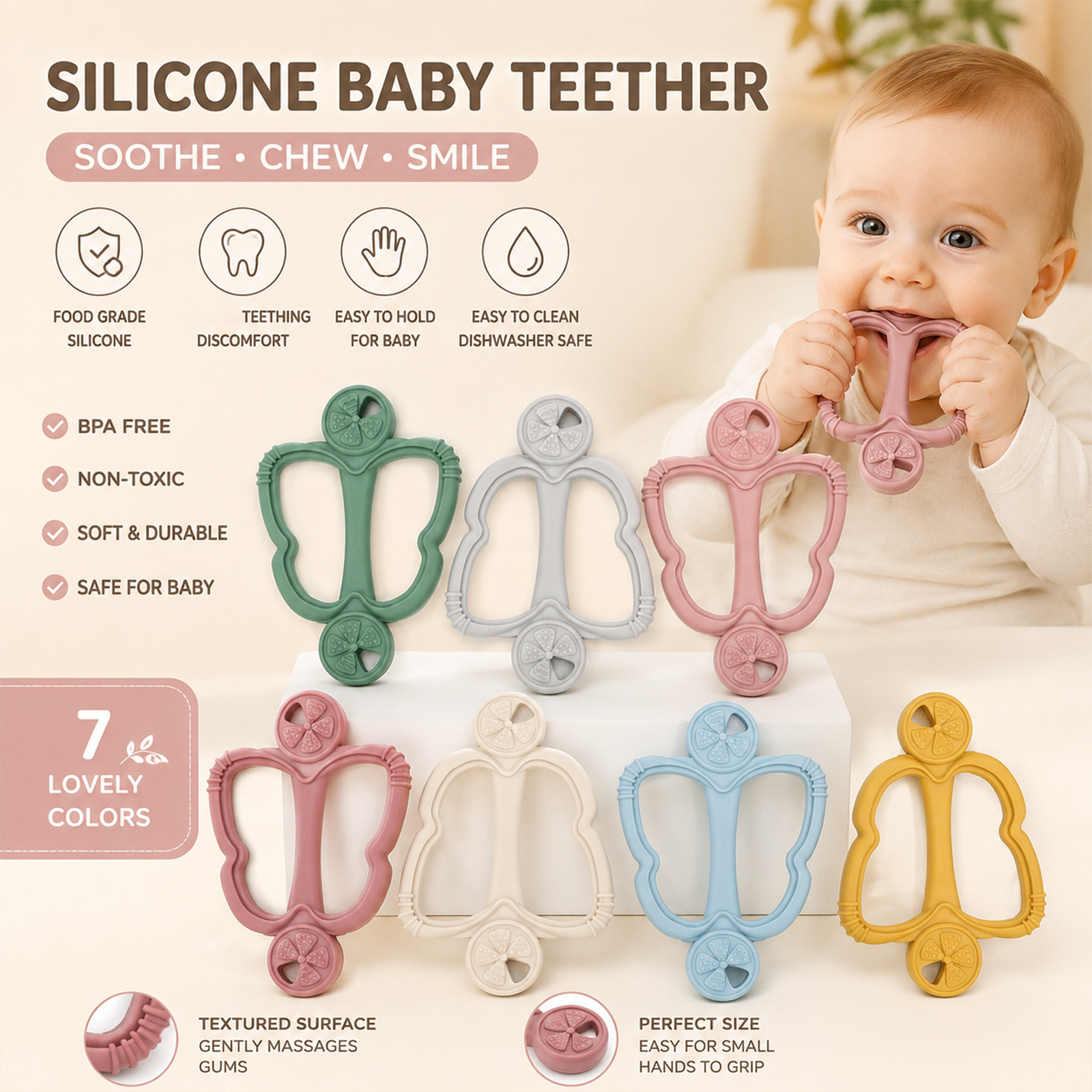 Baby Products Essential - عضاضة سيليكون من قطعة واحدة بمقبض،